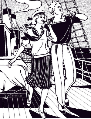 Black and white pen and ink drawing by artist Gretchen Shields.  Man and woman walking on a ship both wearing 211 Two middies. 
