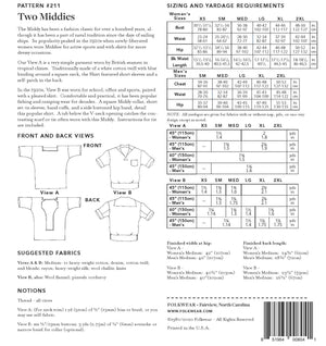 Photo of back cover shows size and yardage chart.  Includes fabric suggestions and description.