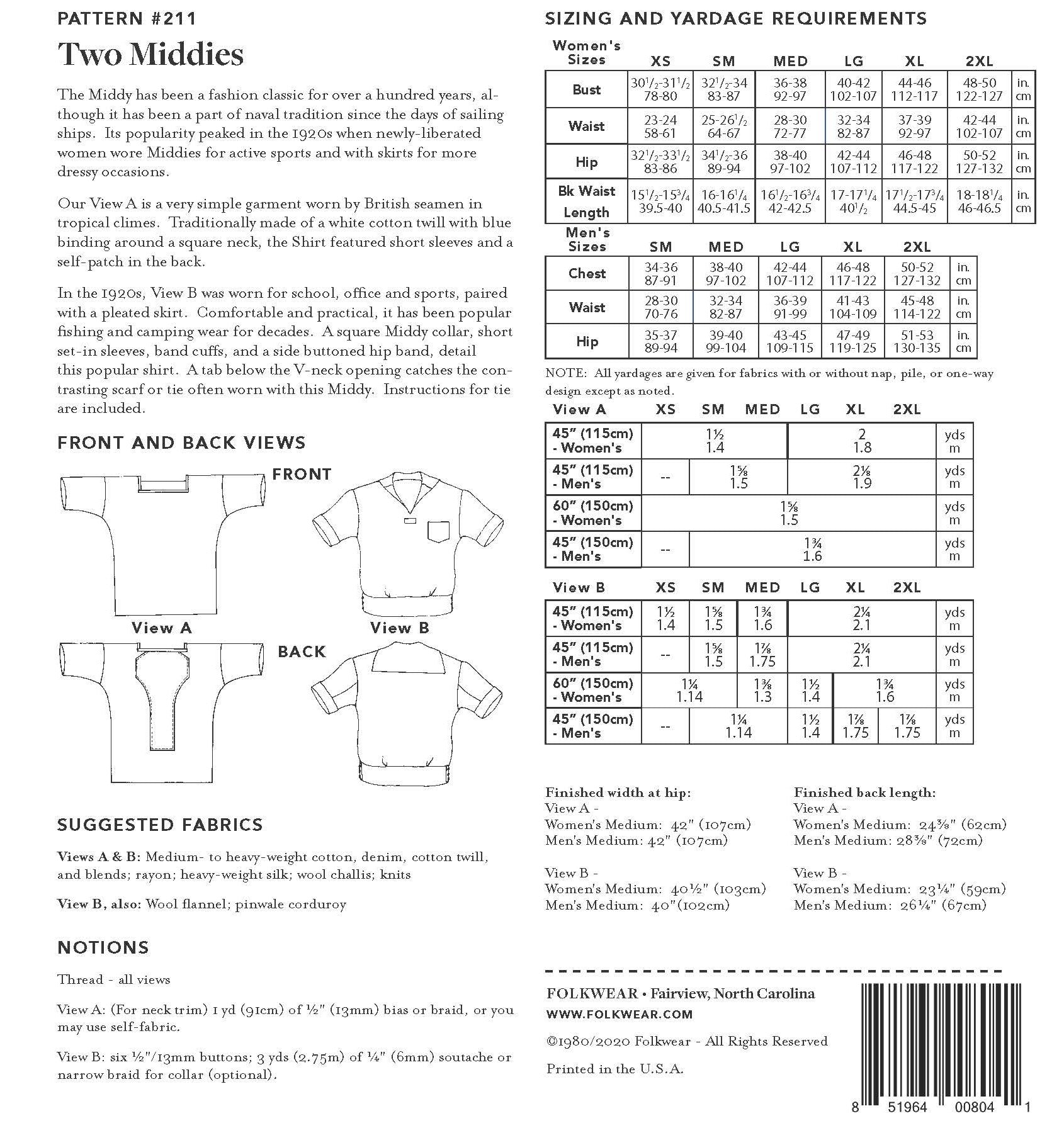 Photo of back cover shows size and yardage chart.  Includes fabric suggestions and description.