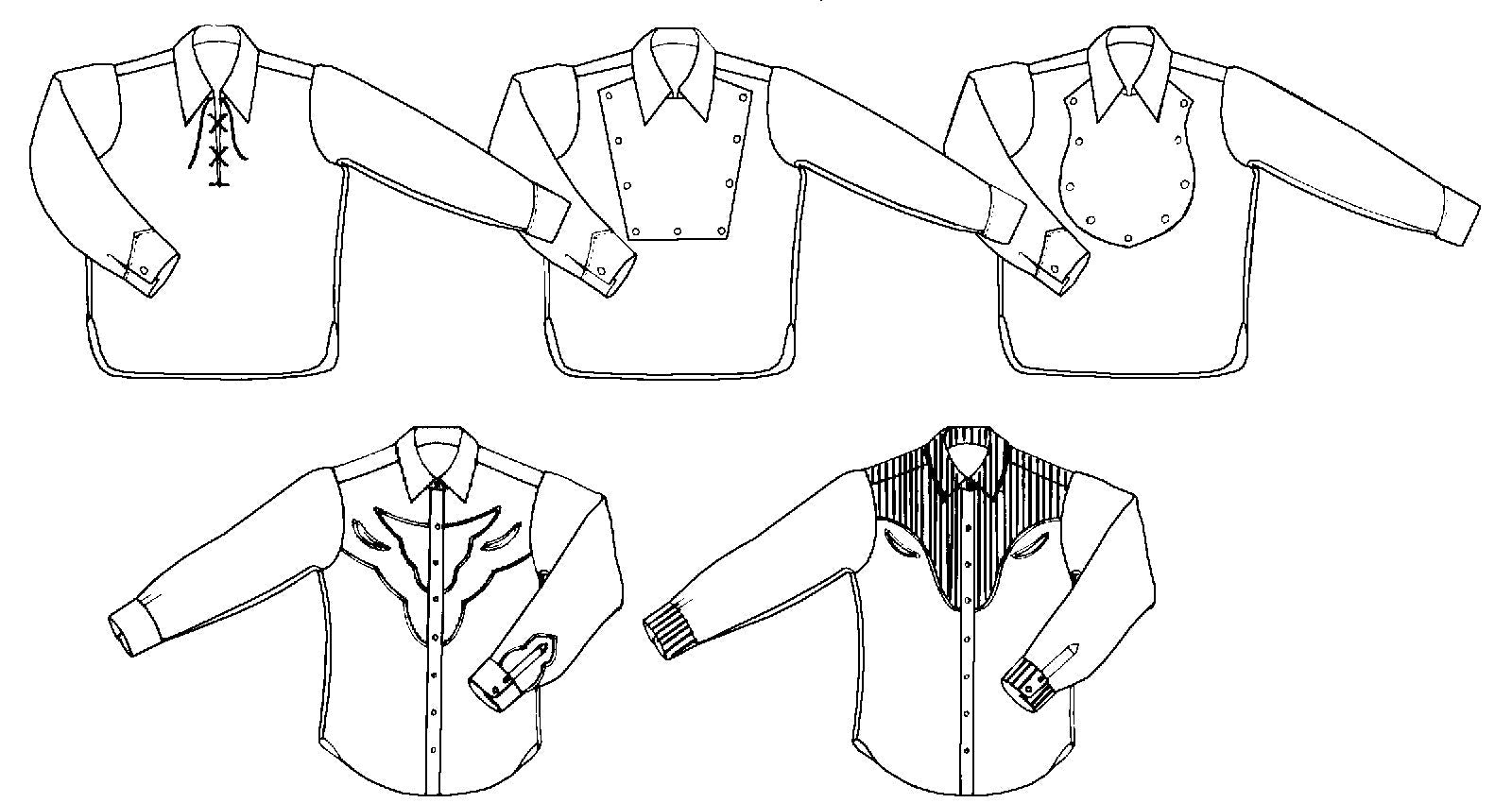 Black and white flat-line pattern drawing of front views of A,B,C,D .