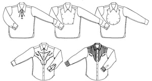 Black and white flat-line pattern drawing of front views of A,B,C,D .