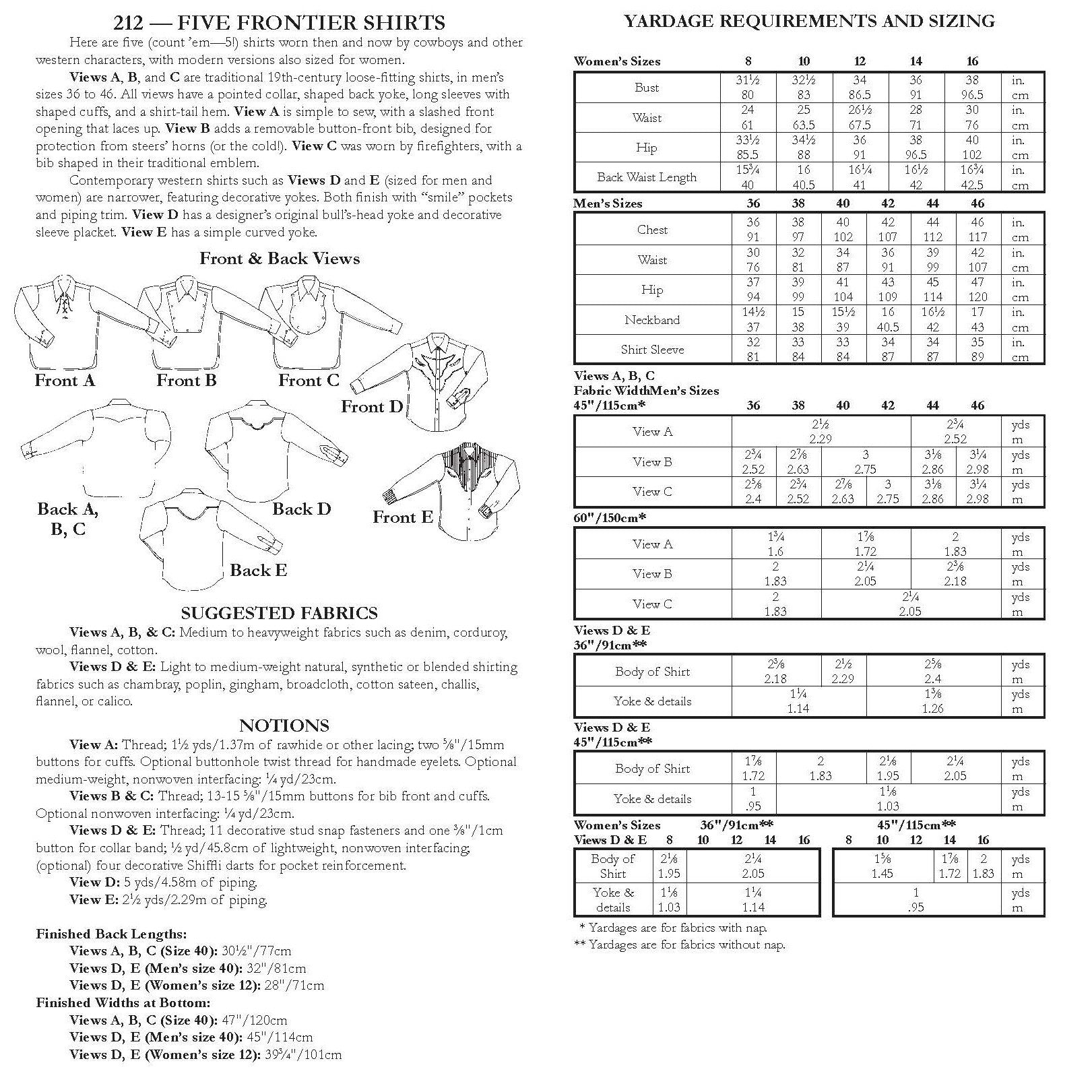 Photo of back cover showing yardage charts and size chart.  Fabric suggestions are included.