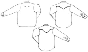 Black and white flat-line pattern drawings of back view of A,B,C. 