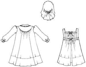 Black and white flat-line pattern drawing back view of 213 Child's Prairie Dress and Pinafore and Sunbonnet.