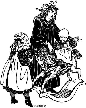 Black and white pen and ink drawing of three children all different sizes, the toddler on a rock horse., all wearing 213 Child's Prairie Dress and Pinafore.  