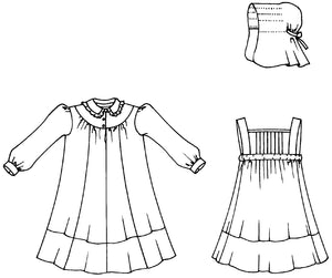 Black and white flat-line pattern drawings of front view of 213 Child's Prairie Dress and Pinafore and side view of Sunbonnet.