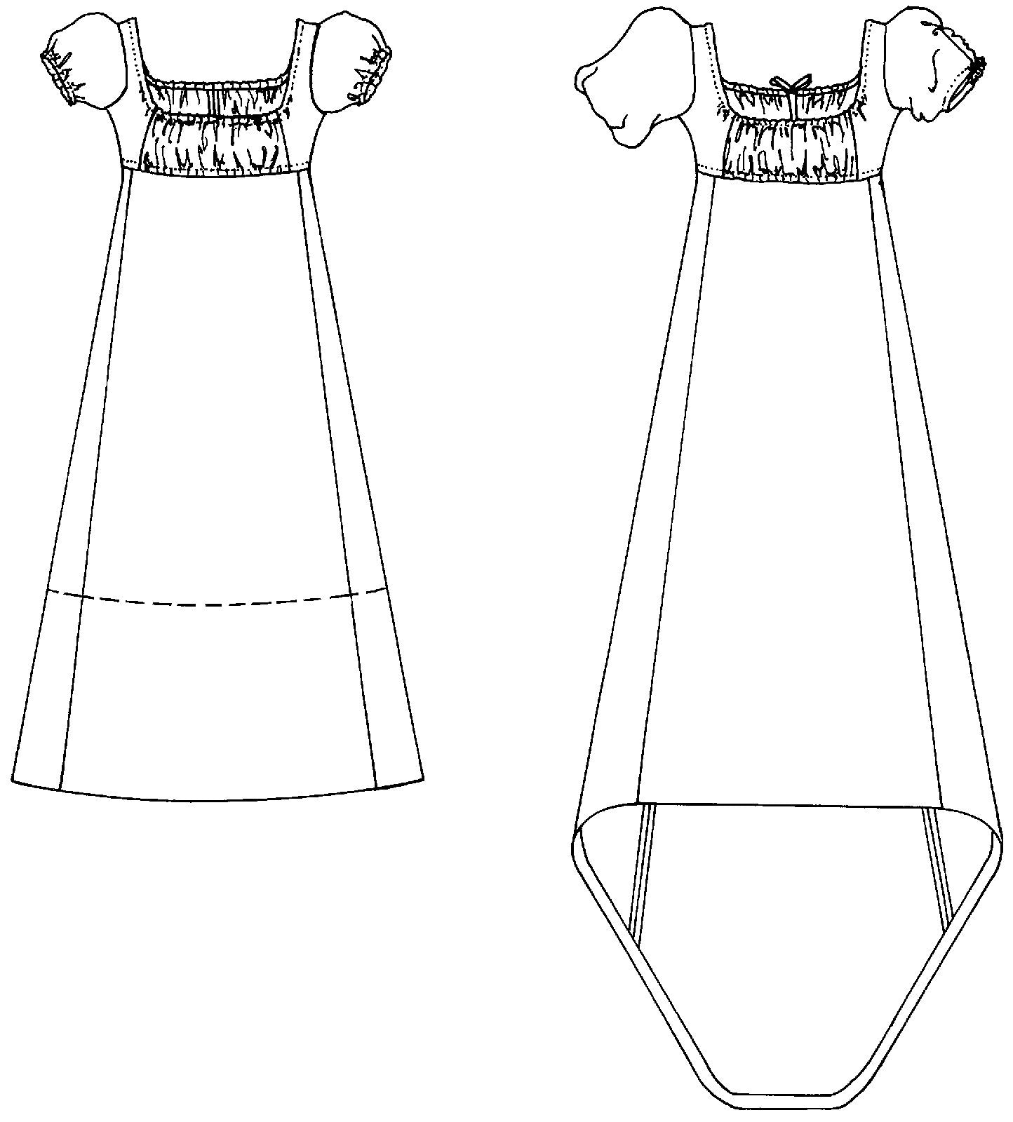 Black and white flat-line pattern drawings of front view of the simple version and the authentic version with a train of 215 Empire Dress.