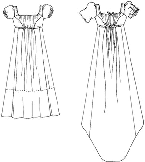 Black and white flat-line pattern drawings of back view of simple version and authentic version of 215 Empire Dress. 