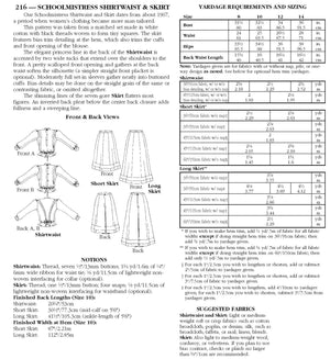 Photo of back cover showing yardage charts and size chart.  Fabric suggestions are included.