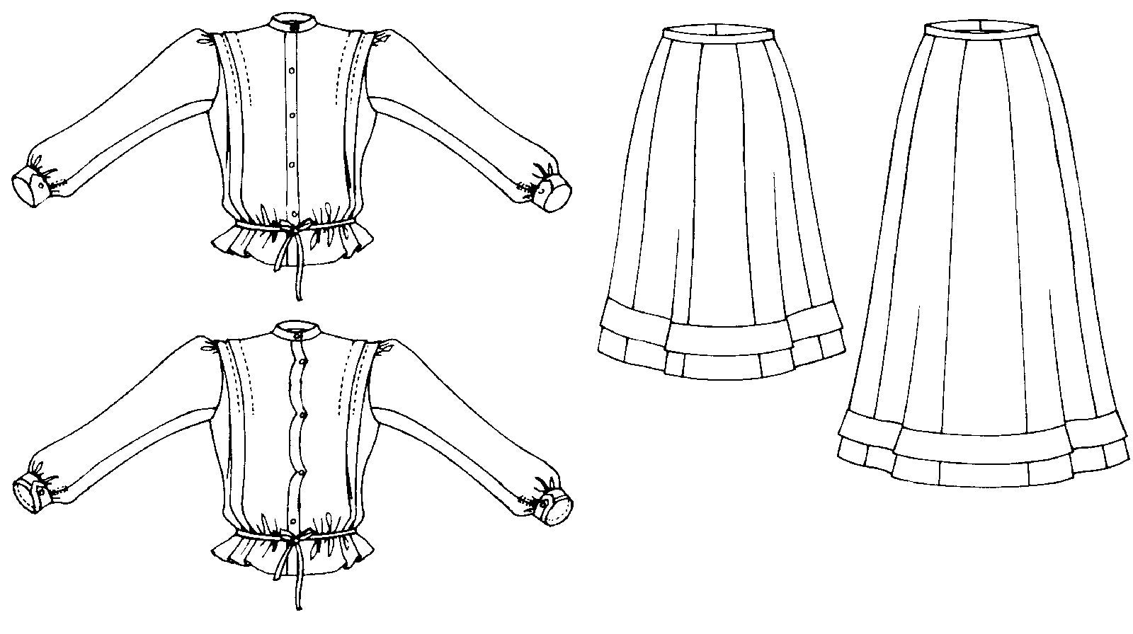 Black and white flat-line pattern drawings of front view of Shirtwaist and short and long skirts.