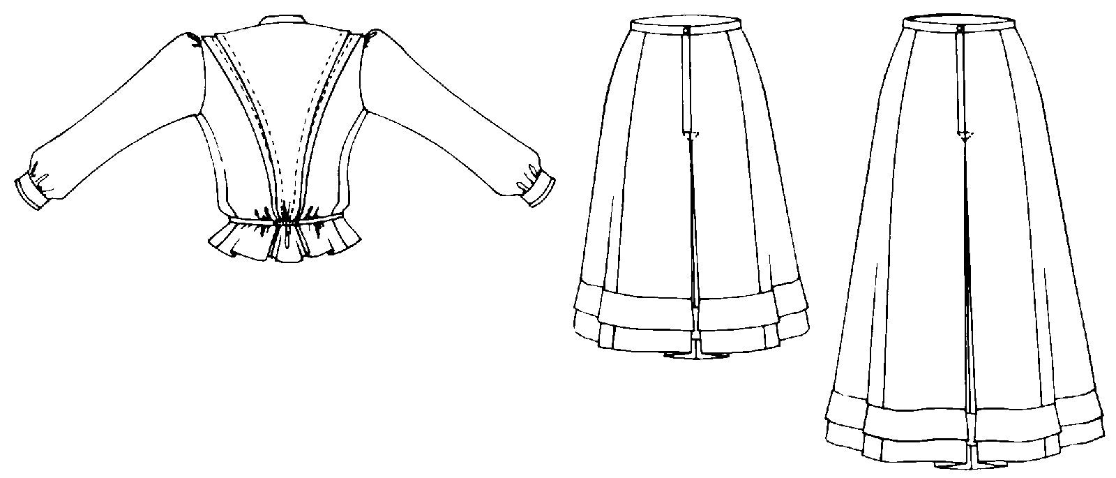 Black and white flat-line pattern drawing of back view of Shirtwaist, and short and long skirts.
