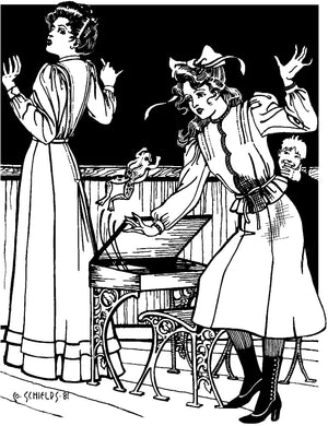Black and white pen and ink drawing of two women wearing 216 Schoolmistress Shirtwaist and skirt, frightened by a frog jumping out of a school desk , and a child laughing in the background.