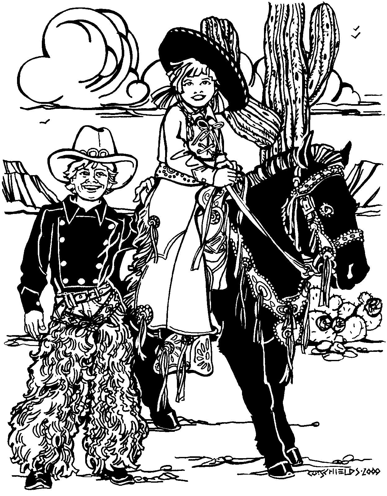 Black and white pen and ink drawing of two children in a western setting a boy standing next to a girl ridding a pony, both are wearing 218 Child's Frontier Shirt.