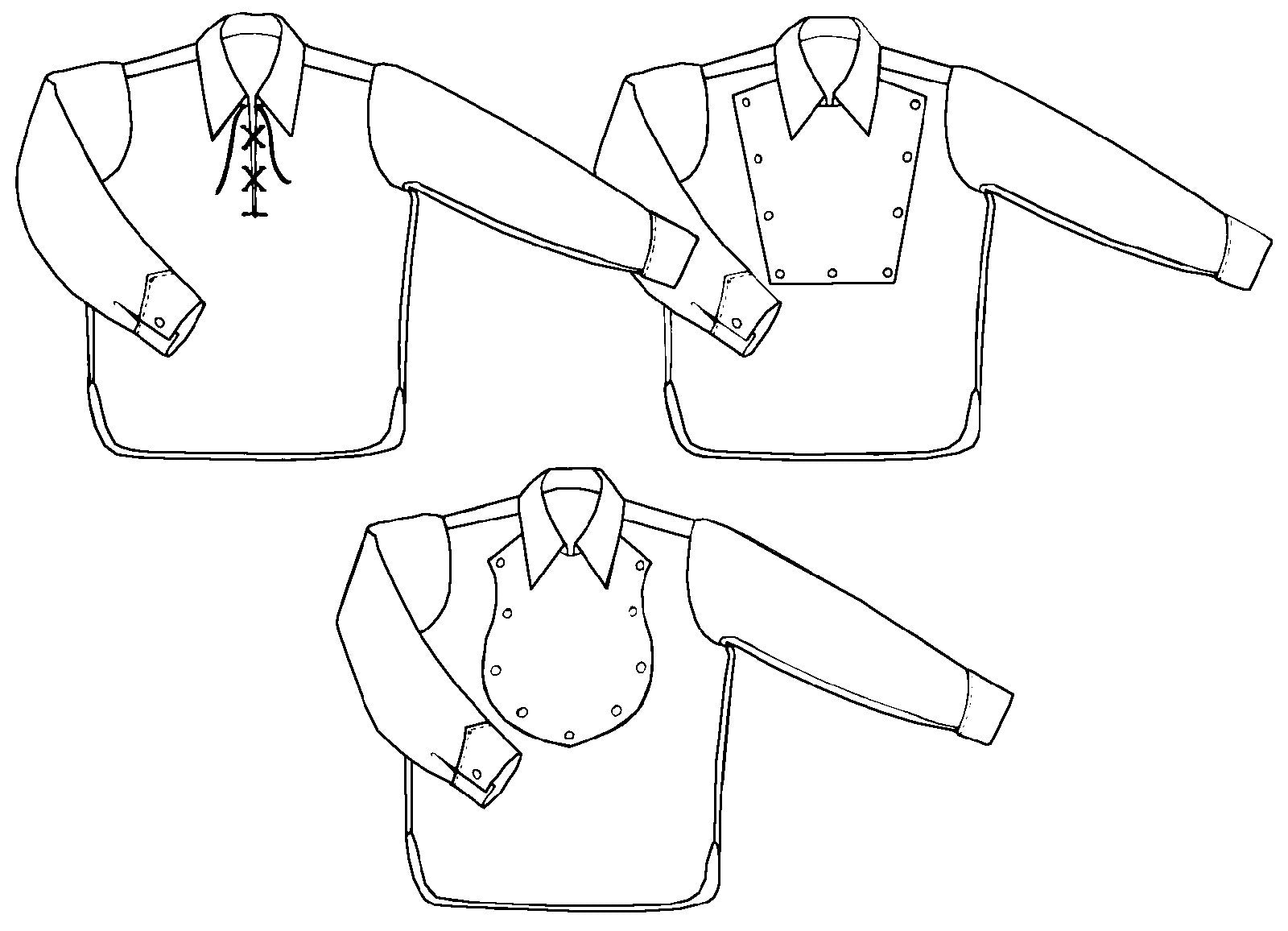 Black and white flat-line pattern drawings of front views of A,B,C  218 Child's Frontier Shirt.