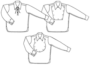 Black and white flat-line pattern drawings of front views of A,B,C  218 Child's Frontier Shirt.