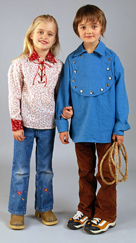 Two small children a girl and a boy both wearing 218 Child's Frontier Shirt, the girl wearing View A with lace up front, the boy wearing View C with fireman's bib.