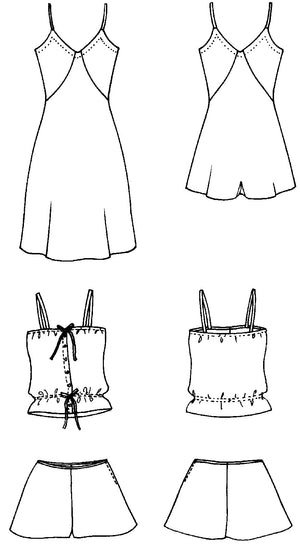 Black and white flat-line pattern drawing of front view of 219 Intimacies Slip and Teddy, and front and back view of the Camisole and tap pants.