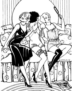 Black and white pen and ink drawing of three woman sitting on a sofa looking at a handheld mirror wearing 219 Intimacies, one with wearing the slip, one wearing the teddy and the other wearing the camisole and the tap pants.