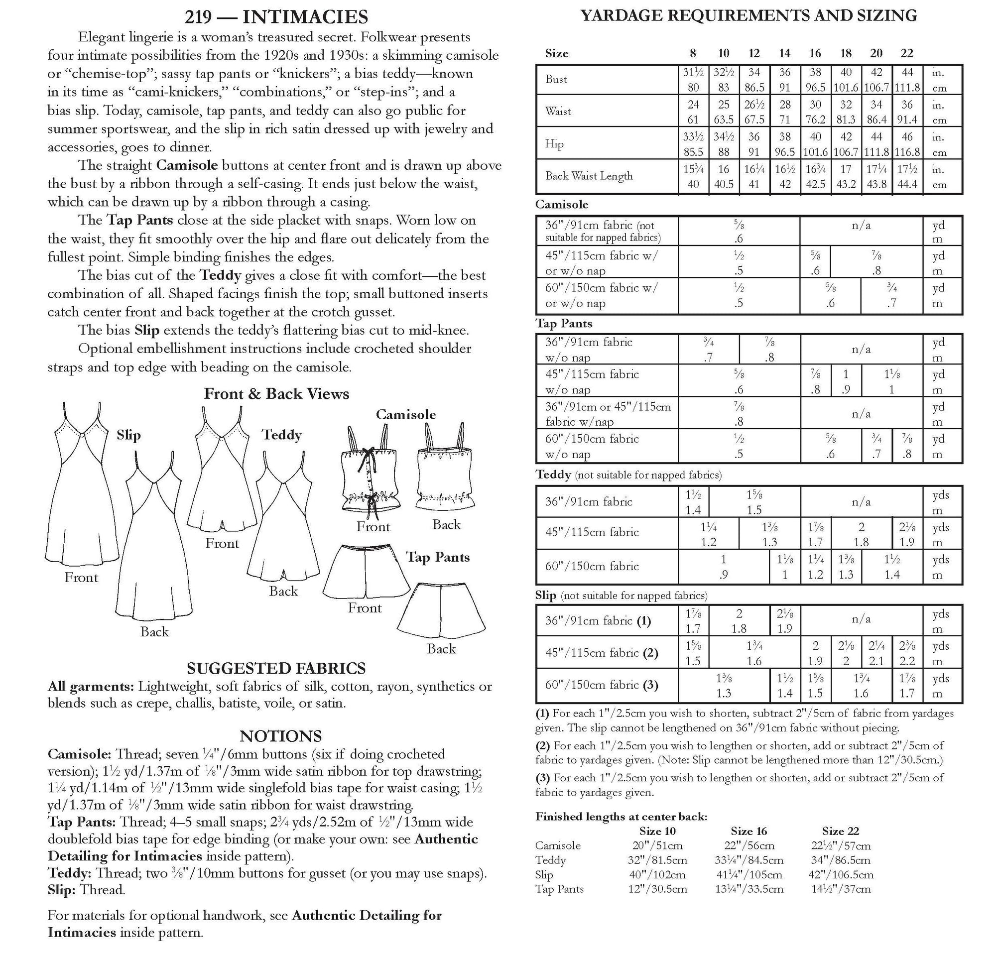 Photo of back cover showing yardage charts and size chart.  Fabric suggestions are included.