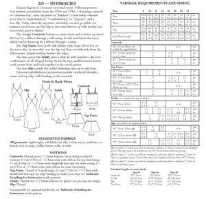 Photo of back cover showing yardage charts and size chart.  Fabric suggestions are included.