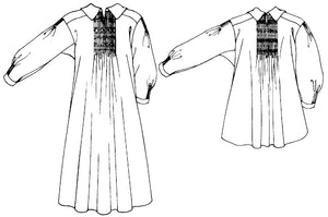 Black and white flat-line pattern drawings of back views of round frock and smock frock.
