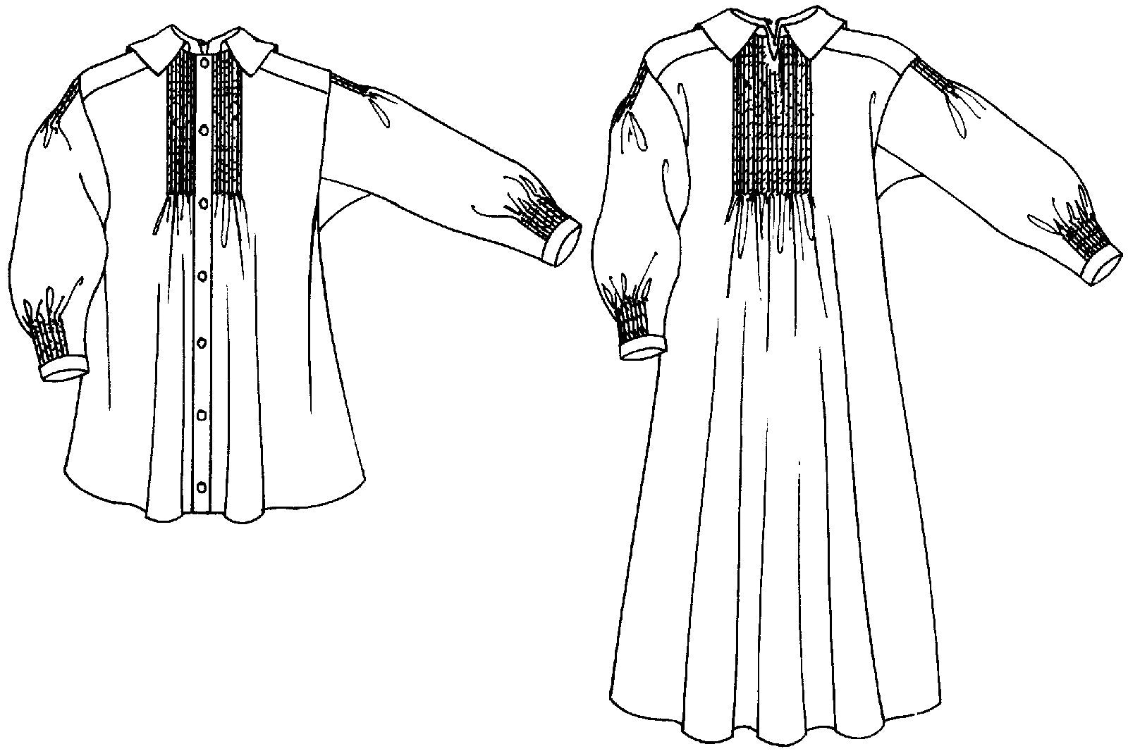 Black and white flat-line pattern drawing of front view of round frock and smock frock.