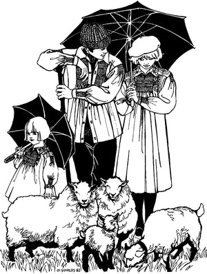 black and white pend and ink drawing by Gretchen Shields. A girl, man and woman holding umbrellas all wearing 221 English Smock, with their small flock of sheep 