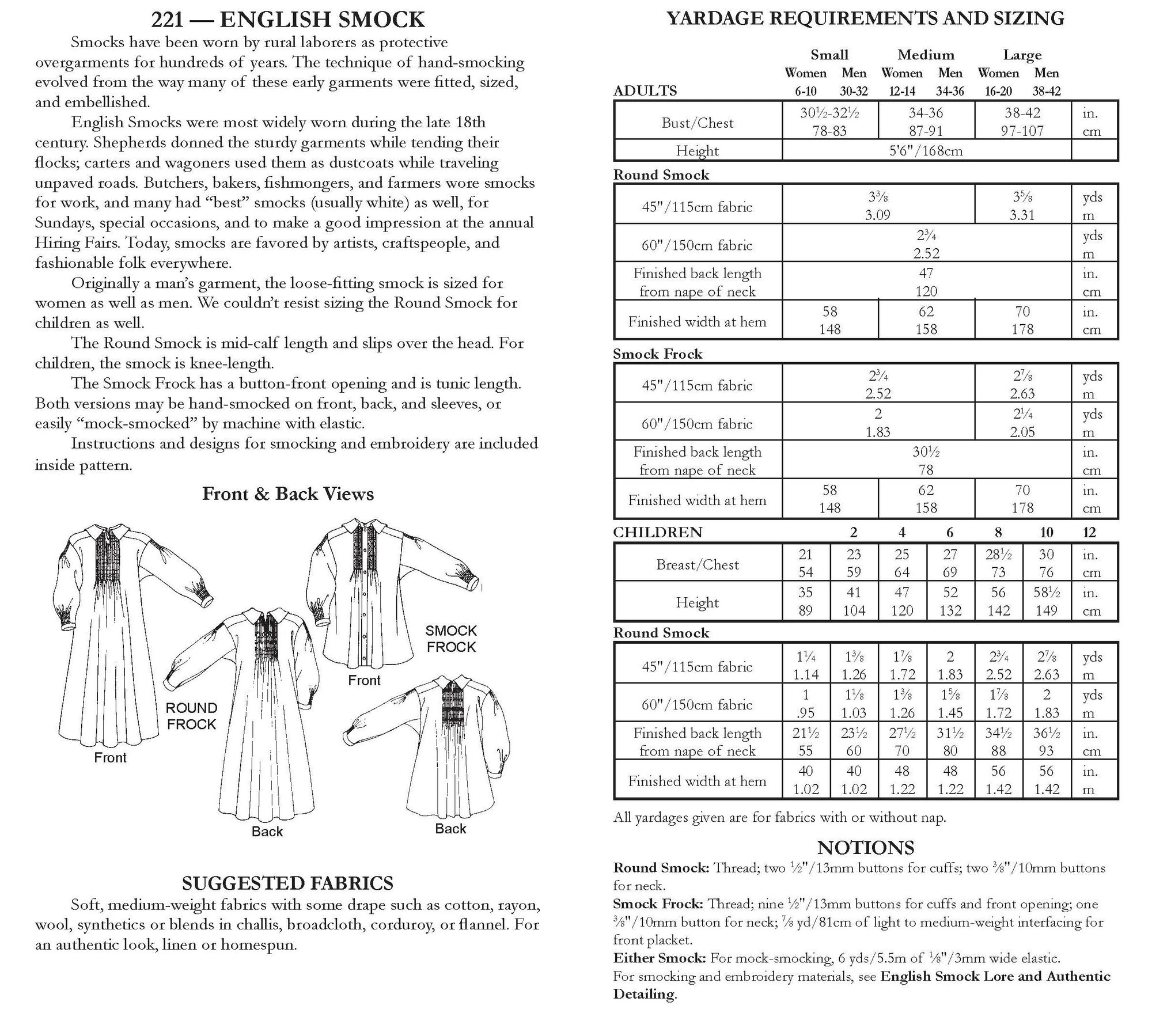 Photo of back cover shows size and yardage chart.  Includes fabric suggestions and description.