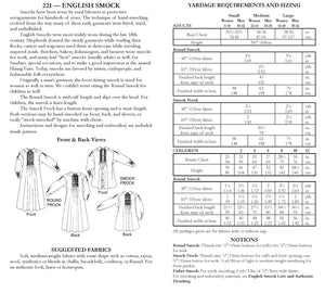 Photo of back cover shows size and yardage chart.  Includes fabric suggestions and description.