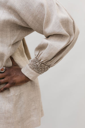 Close up of sleeve and cuff of 221 English Smock, smocked at the sleeve.