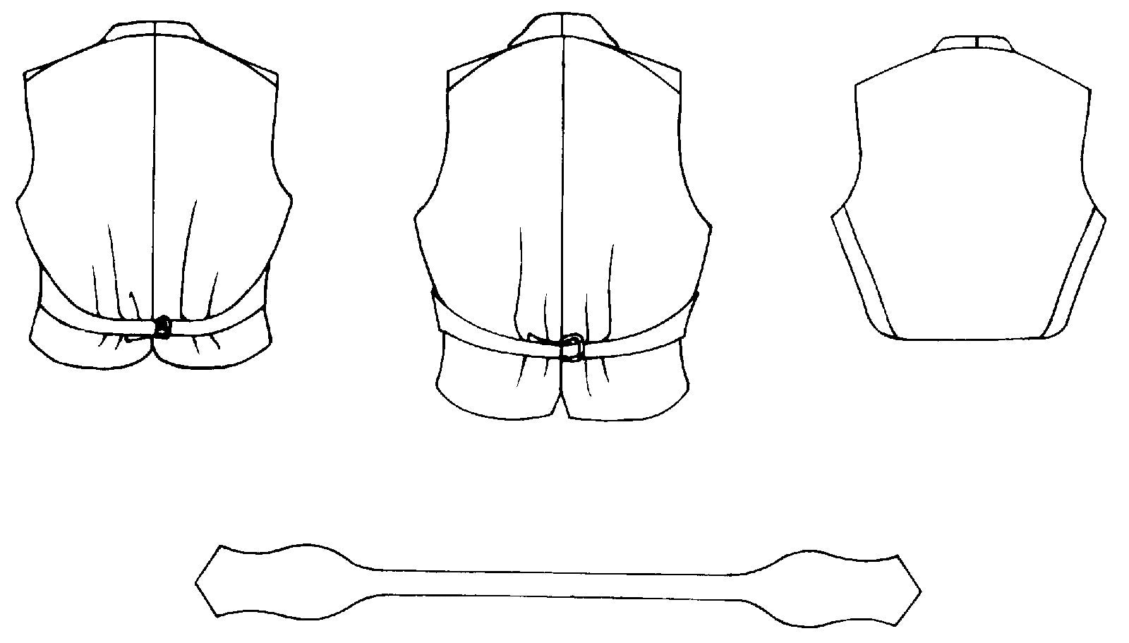 Black and white flat-line pattern drawing of back view of 222 Vintage Vests Views A,B,A and Bow tie ( shown untied)