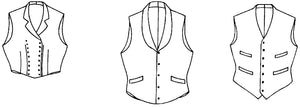 Black and white flat-line pattern drawing of front view of 222 Vintage Vests View A,B,C.