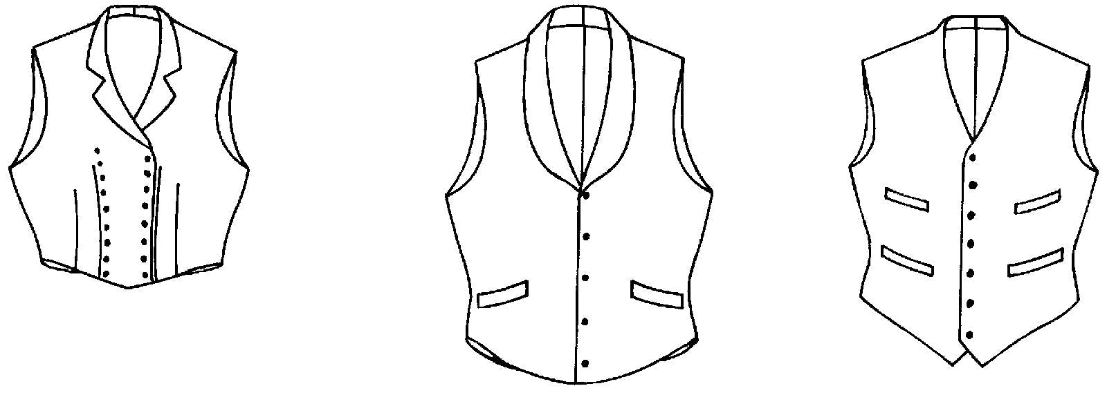 Black and white flat-line pattern drawing of front view of 222 Vintage Vests View A,B,C.