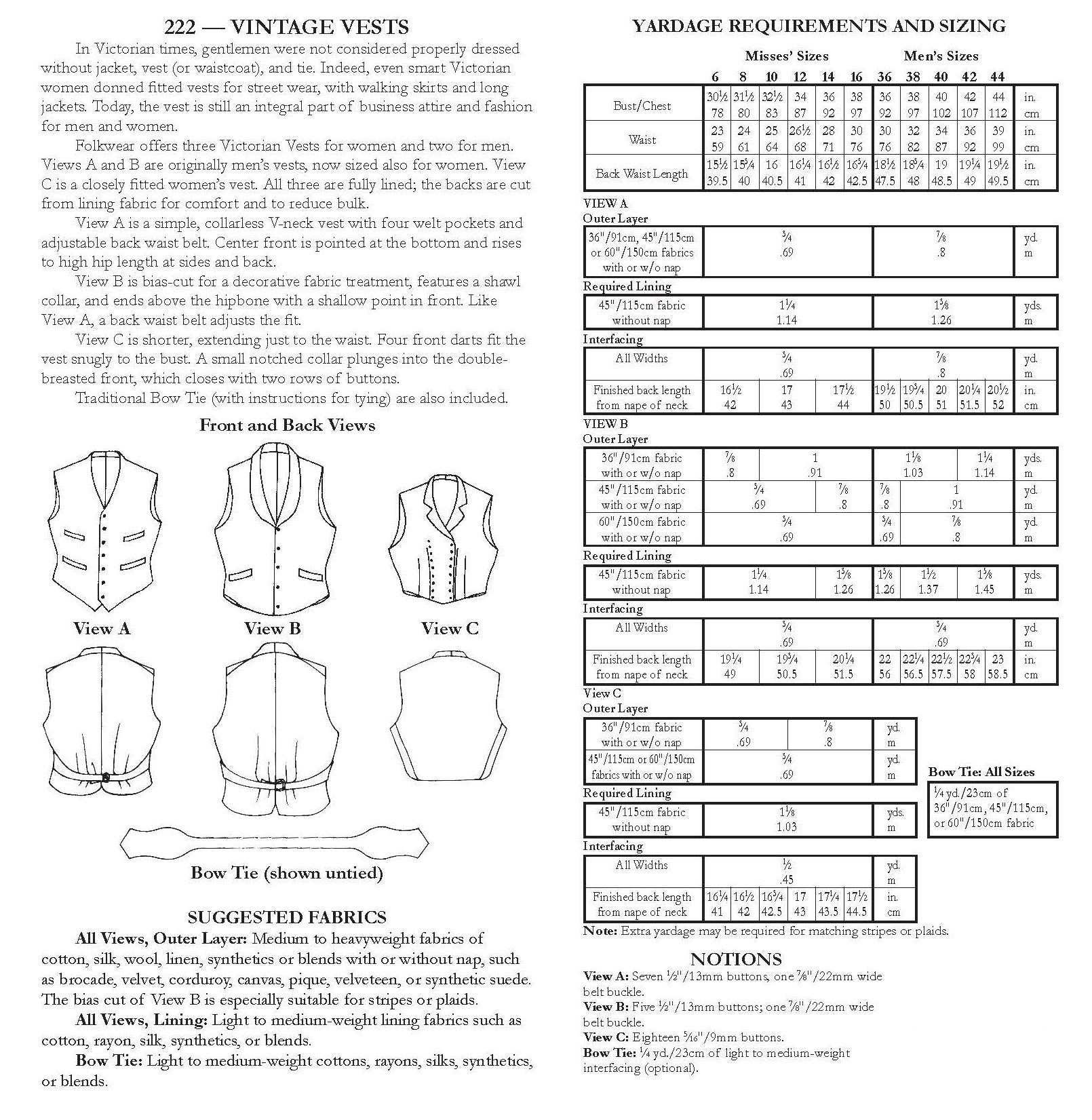 Photo of back cover shows size and yardage chart.  Includes fabric suggestions and description.