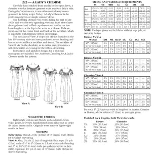Photo of back cover shows size and yardage chart.  Includes fabric suggestions and description.