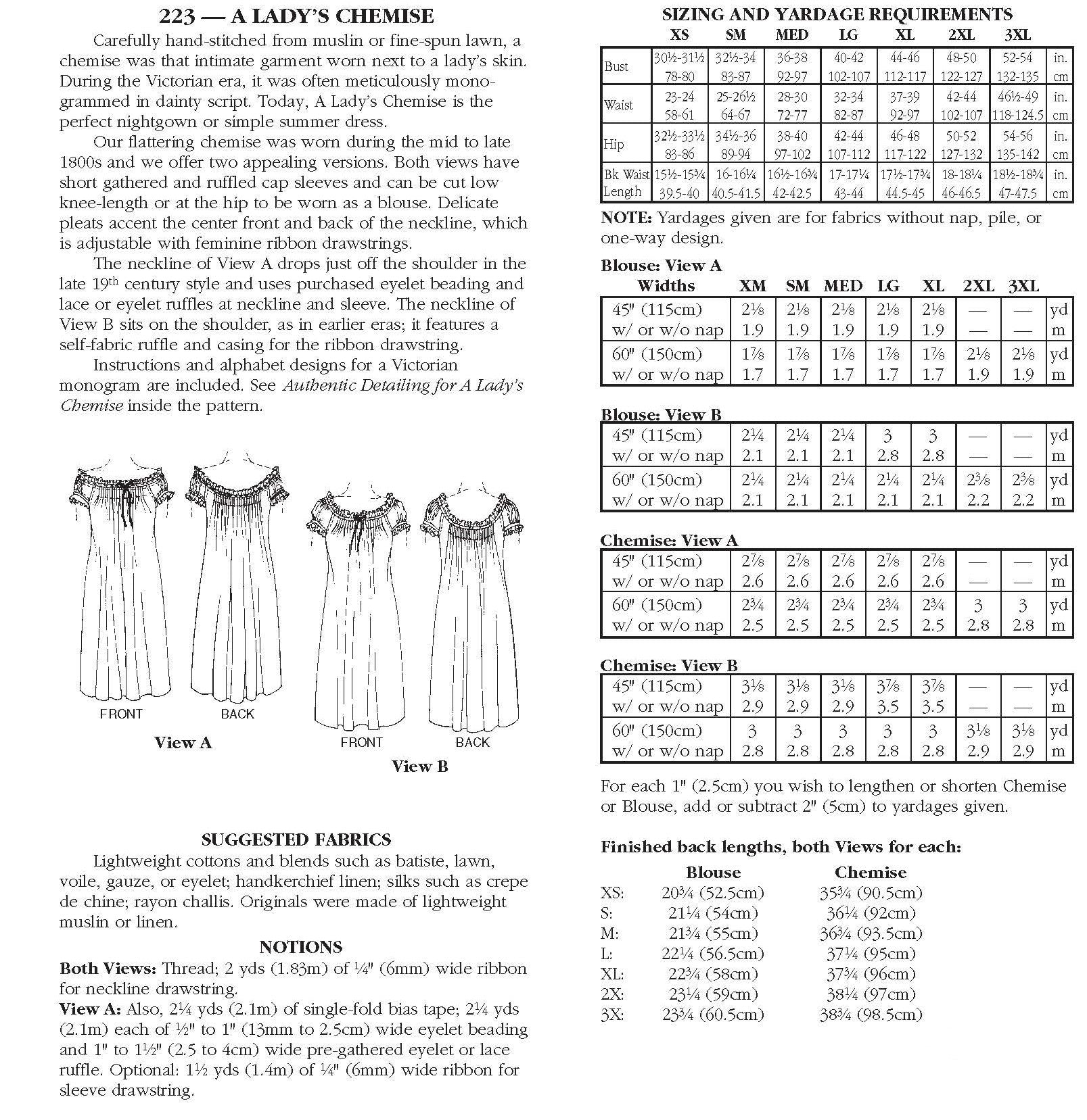 Photo of back cover shows size and yardage chart.  Includes fabric suggestions and description.