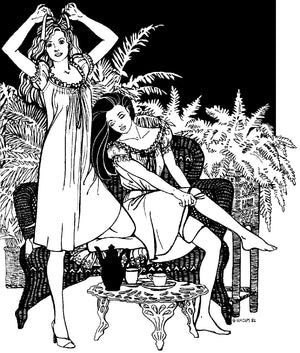 Black and white pen and ink drawing by Gretchen Shields. Two women, one standing on the left tying a ribbon in her hair, and the other on the right sitting on a woven lounge chair pulling up her socks, in front of a bush ferns, with a coffee table in front with tea set. Both women wearing 223 A Lady's Chemise. 