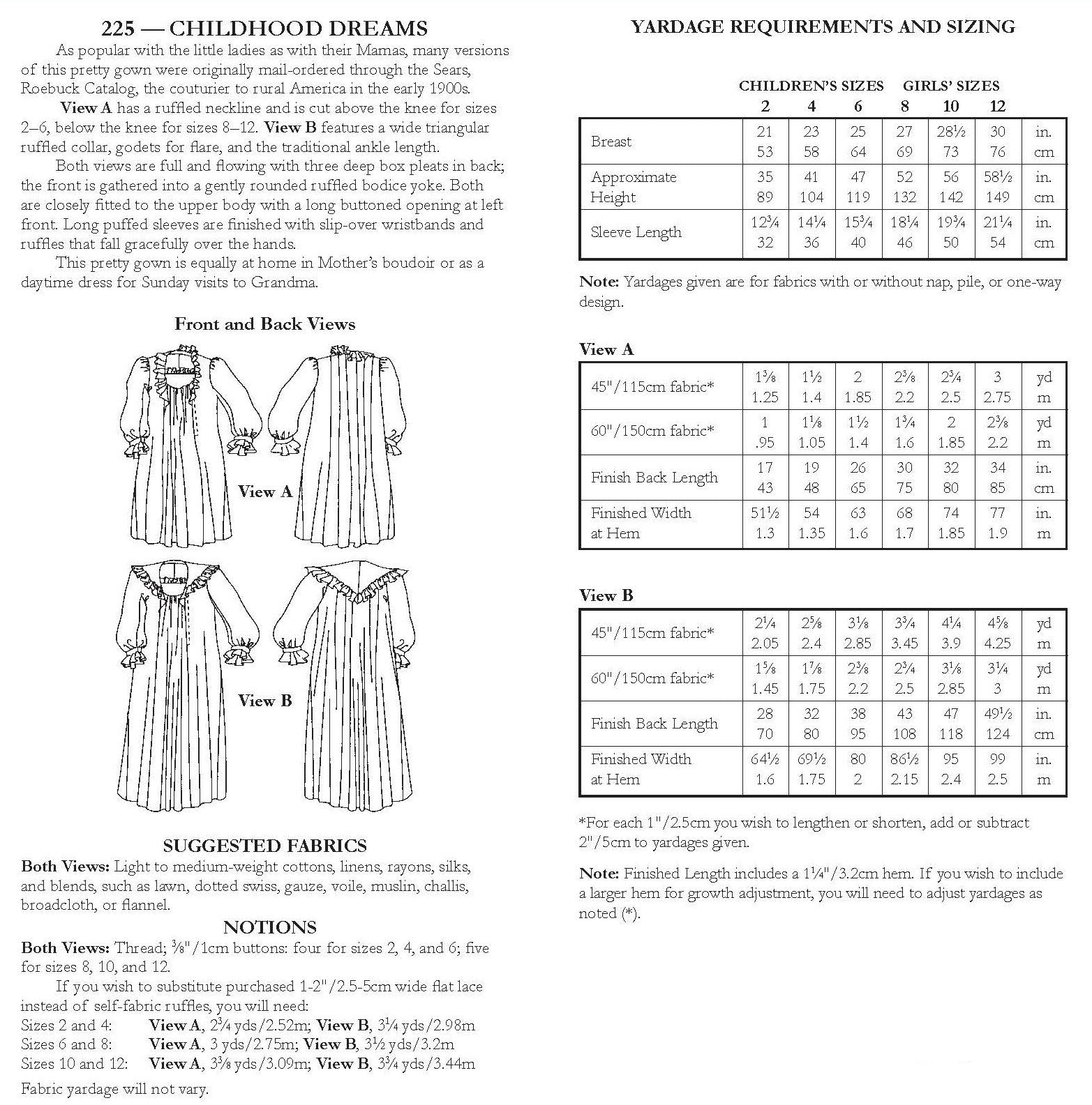 Photo of back cover shows size and yardage chart.  Includes fabric suggestions and description.