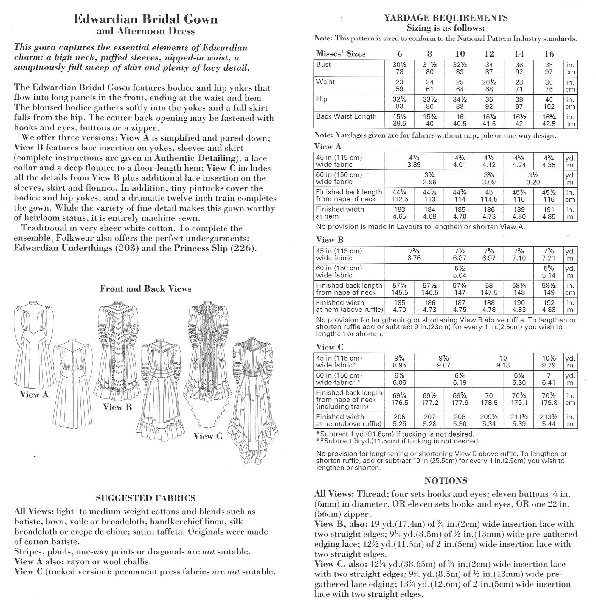 Photo of back cover shows size and yardage chart.  Includes fabric suggestions and description.