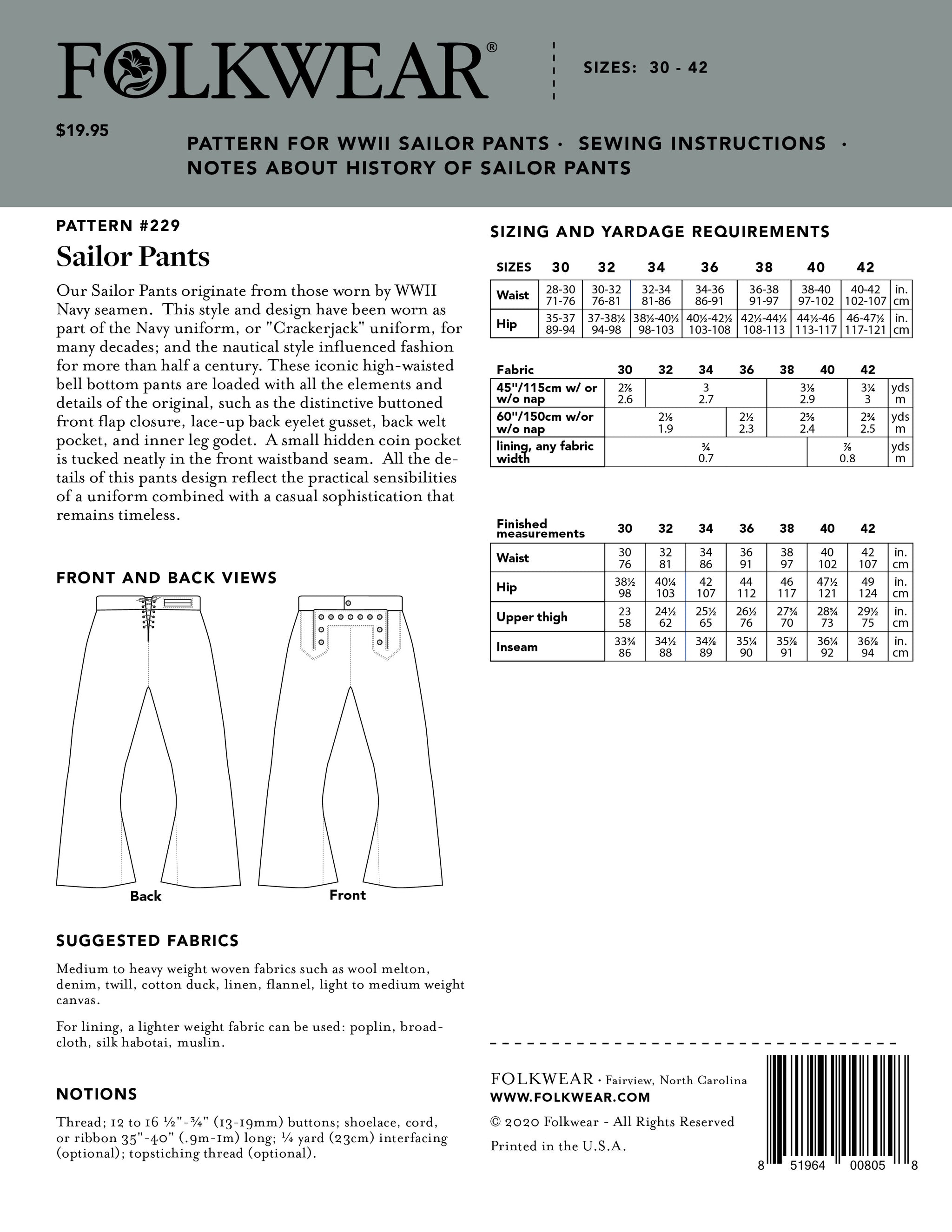 229 Sailor Pants - Folkwear