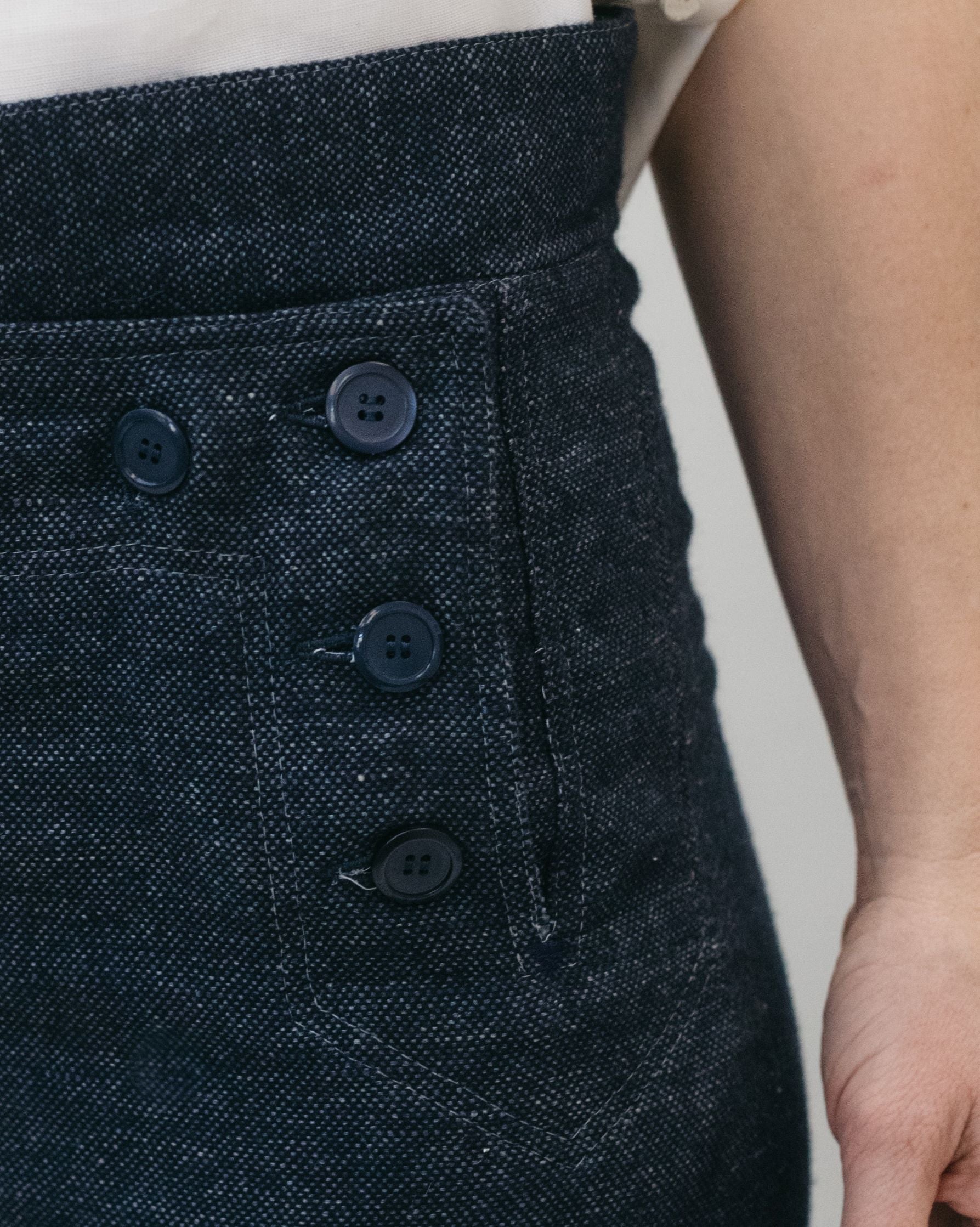Close up of buttons on the 229 sailor pants.