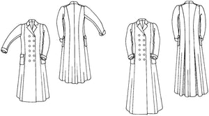 Black and white pattern drawing of front and back view of low-calf length and ankle length 230 Mode T Duster.