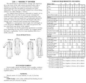 Photo of back cover shows size and yardage chart.  Includes fabric suggestions and description.