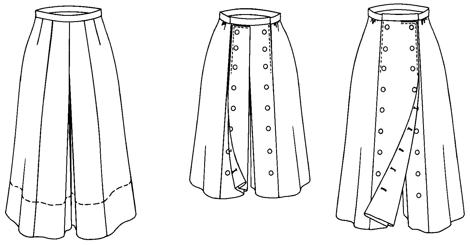 Black and white pattern drawing of back view of the skirt and front view of both versions of buttoning the skirt with the visual effect of pants and the visual effect of a skirt.