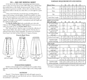 Photo of back cover shows size and yardage chart.  Includes fabric suggestions and description.