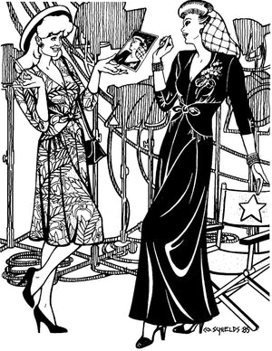 Black and white pen and ink drawing by Gretchen Shields. Two women on a movie set wearing the 233 Glamour Girl Dress one at knee length the other ankle length.