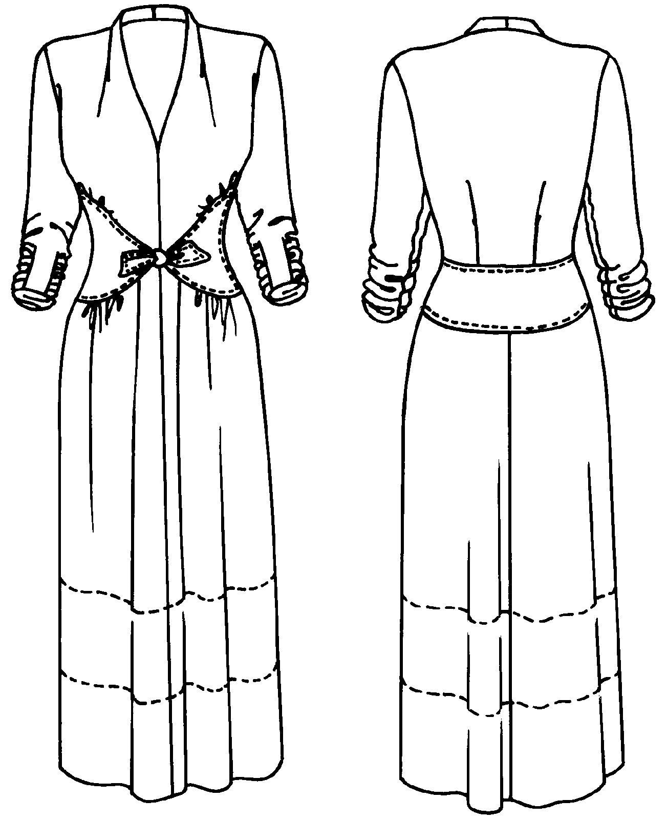 Black and white pattern drawing of front and back view of 233 Glamour Girl Dress.