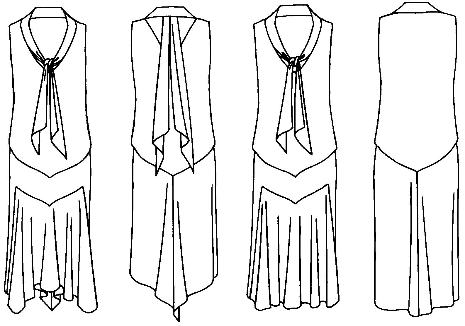 Black and white pattern drawing of front and back view of Dress View A and Dress View B. 