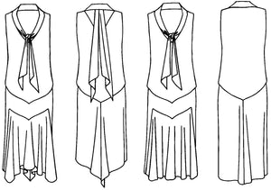 Black and white pattern drawing of front and back view of Dress View A and Dress View B. 