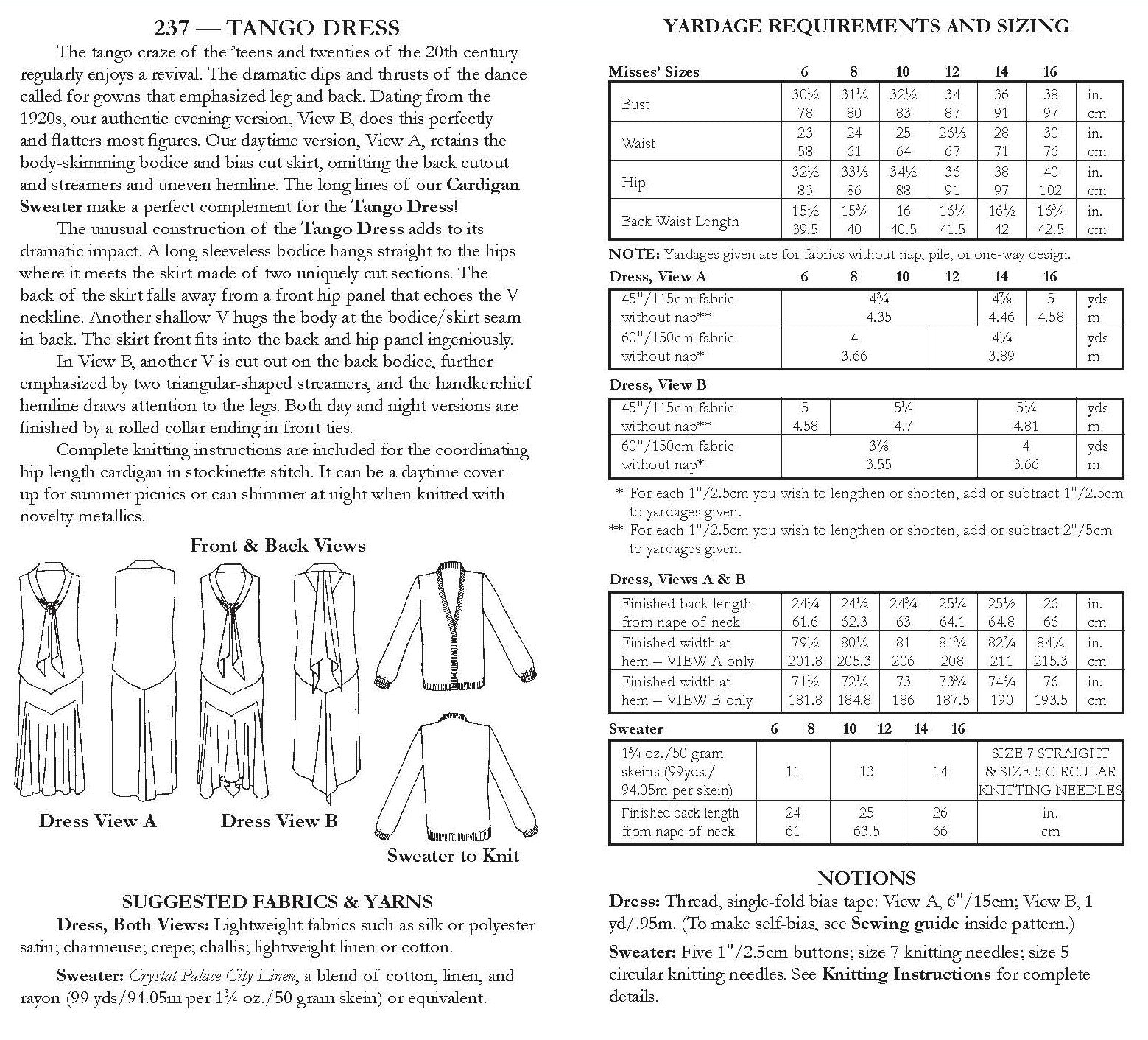 Photo of back cover shows size and yardage chart.  Includes fabric suggestions and description.